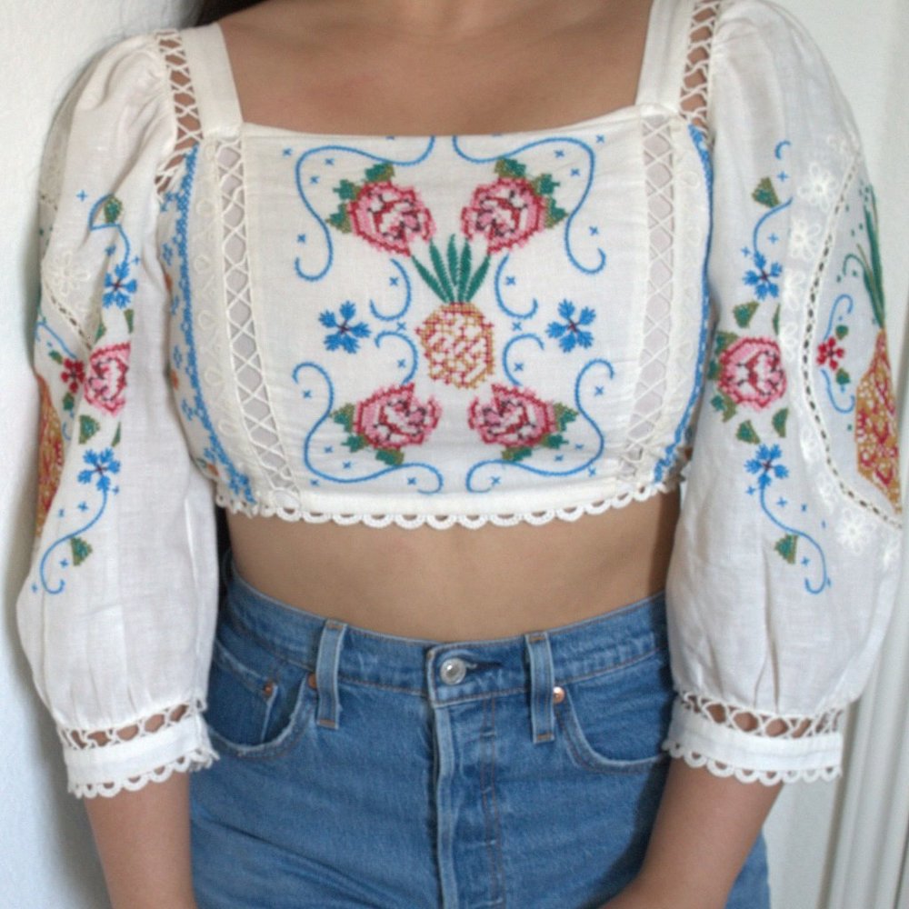 Farm Rio Romantic Embroidery Crop Top
